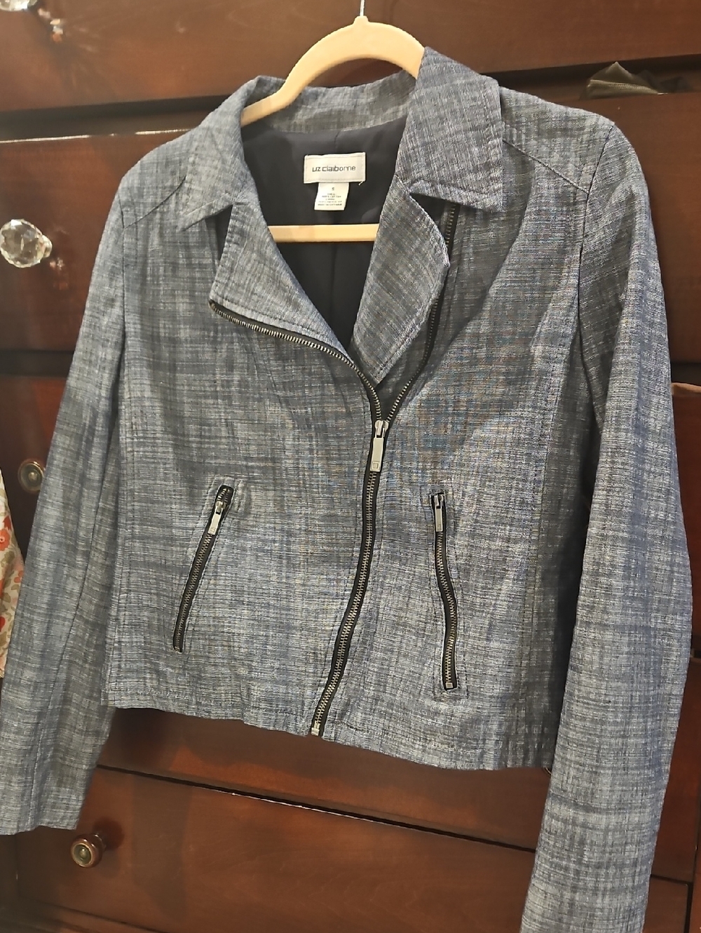 Liz Claiborne Heathered Blue Zip Front Moto Blazer